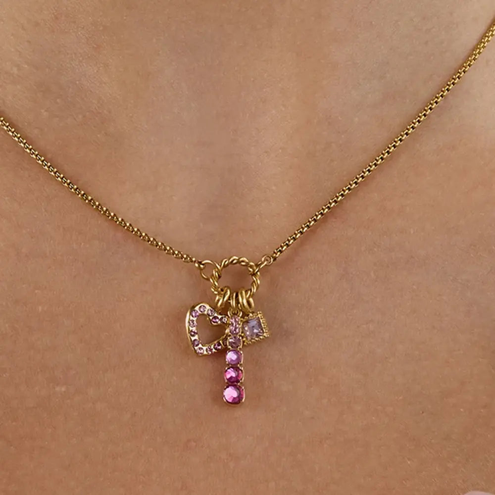 Pink Zircon Hollow Heart Pendant Necklace Stainless Steel