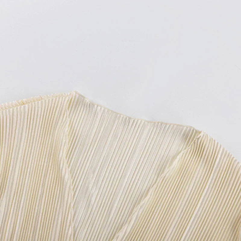 Women Pleated Plain Shirts Spring Fall Chic Long Flare Sleeve V- Neck Tie Up Cardigans Top