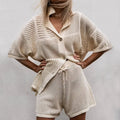 Casual Short Sleeved V-neck Hollowed Out Shirt Shorts - Norellé