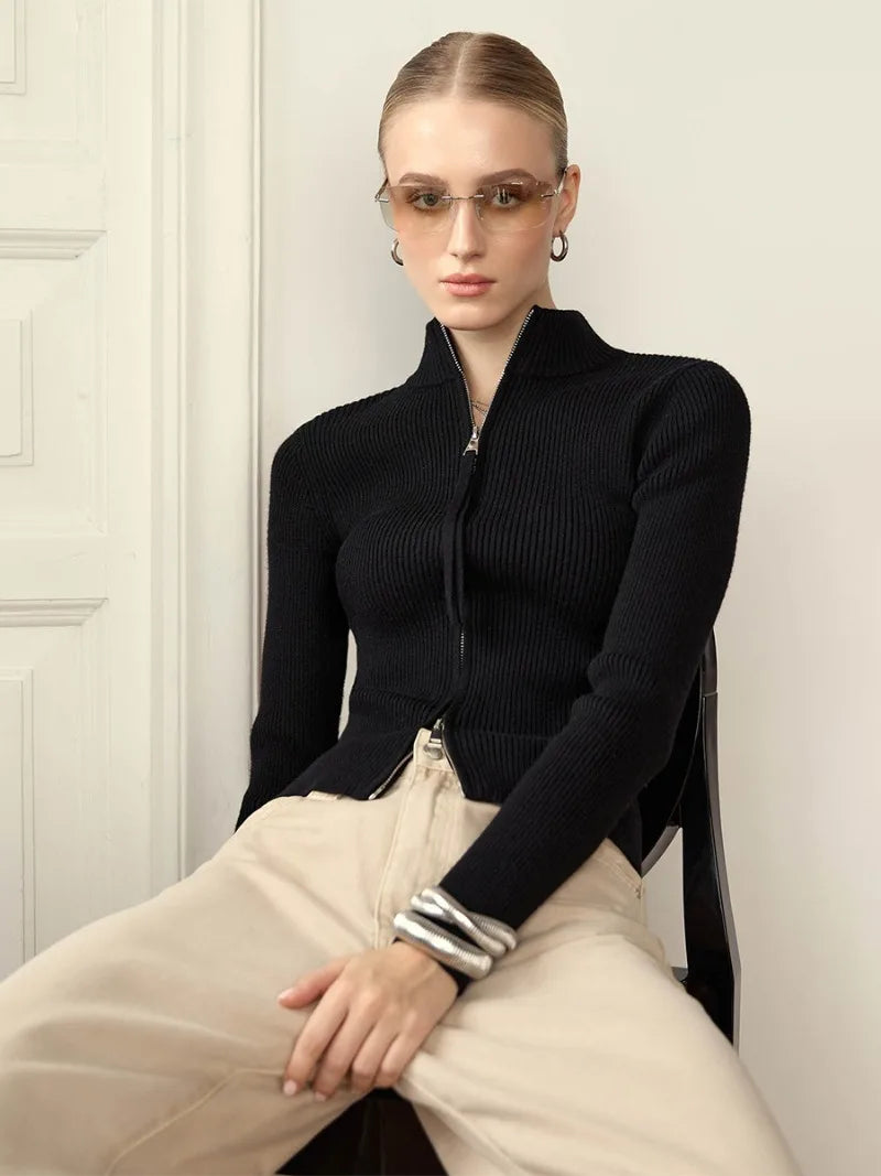 Solid Double Zip Knit Cardigan Women