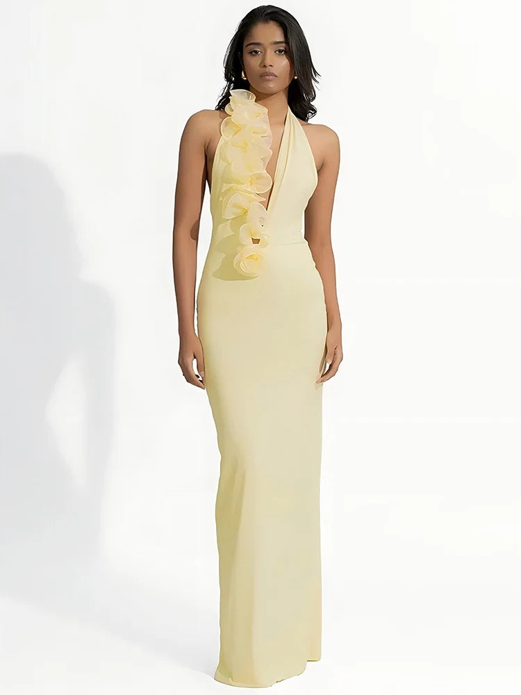 Mesh Rose Deep V Neck Maxi Dress For Women - Norellé