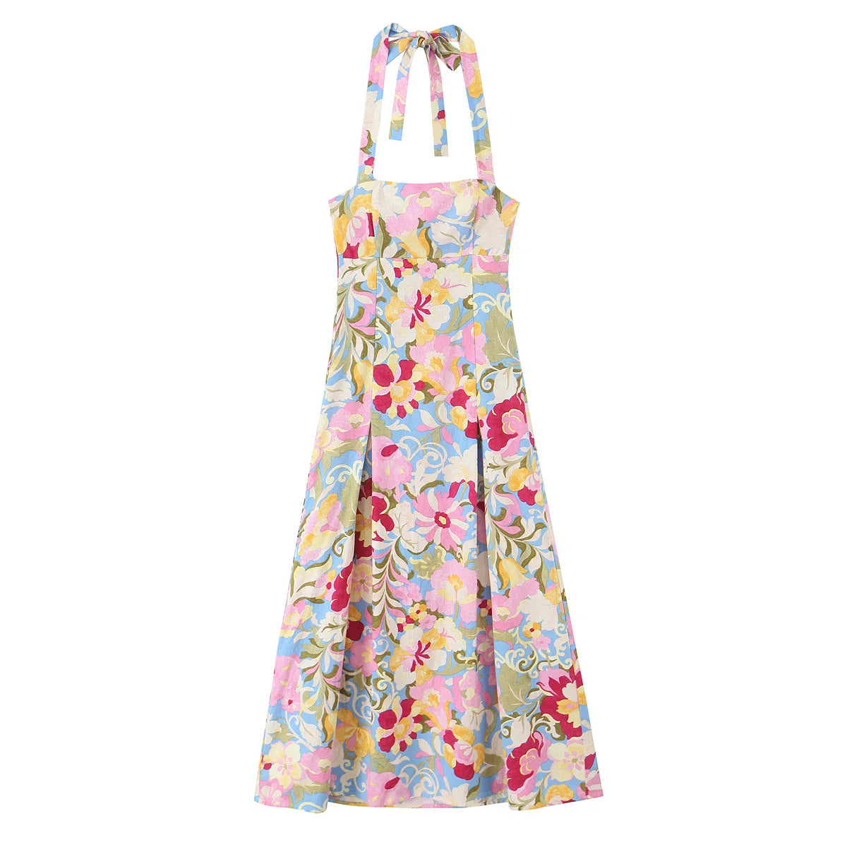 Women’s Hanging Neck Strap Pleated Long Dress