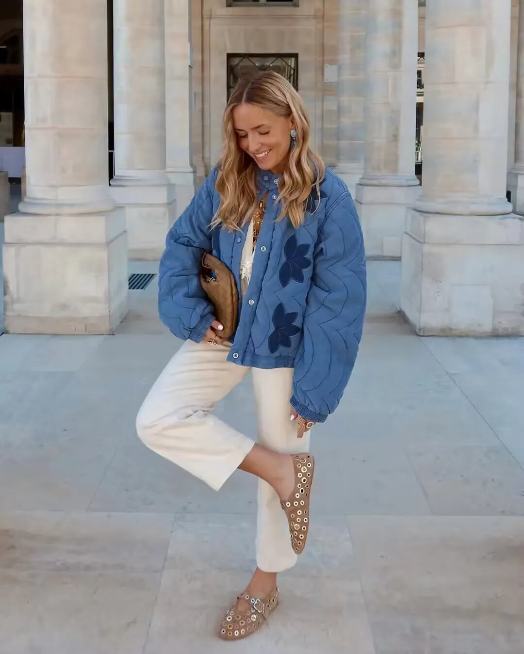 Women Floral Embroidery Quilted Jacket Coat