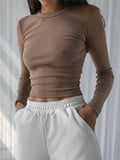 O Neck Long Sleeve Shirt Women Ribbed Cropped Tops - Norellé