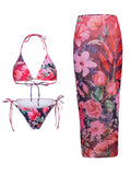 Flower Print Bikini Set Women's High Waist Long Skirt 3 Piece Swimsuit - Norellé