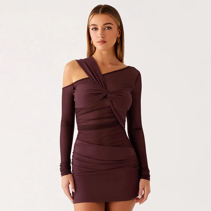 Inclined Shoulder Long Sleeve Mini Dress Women