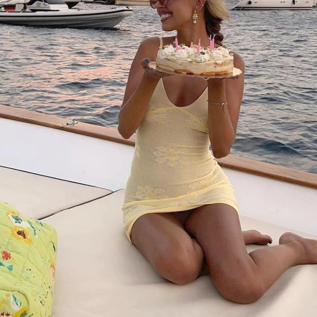 Flowers Printed Slim Sling Women’s Knit Dress V Neck Backless