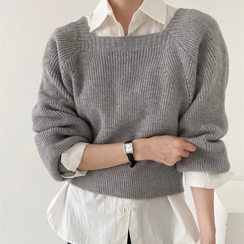 Elegant Square Neck Retro Casual Women Knitted Sweater