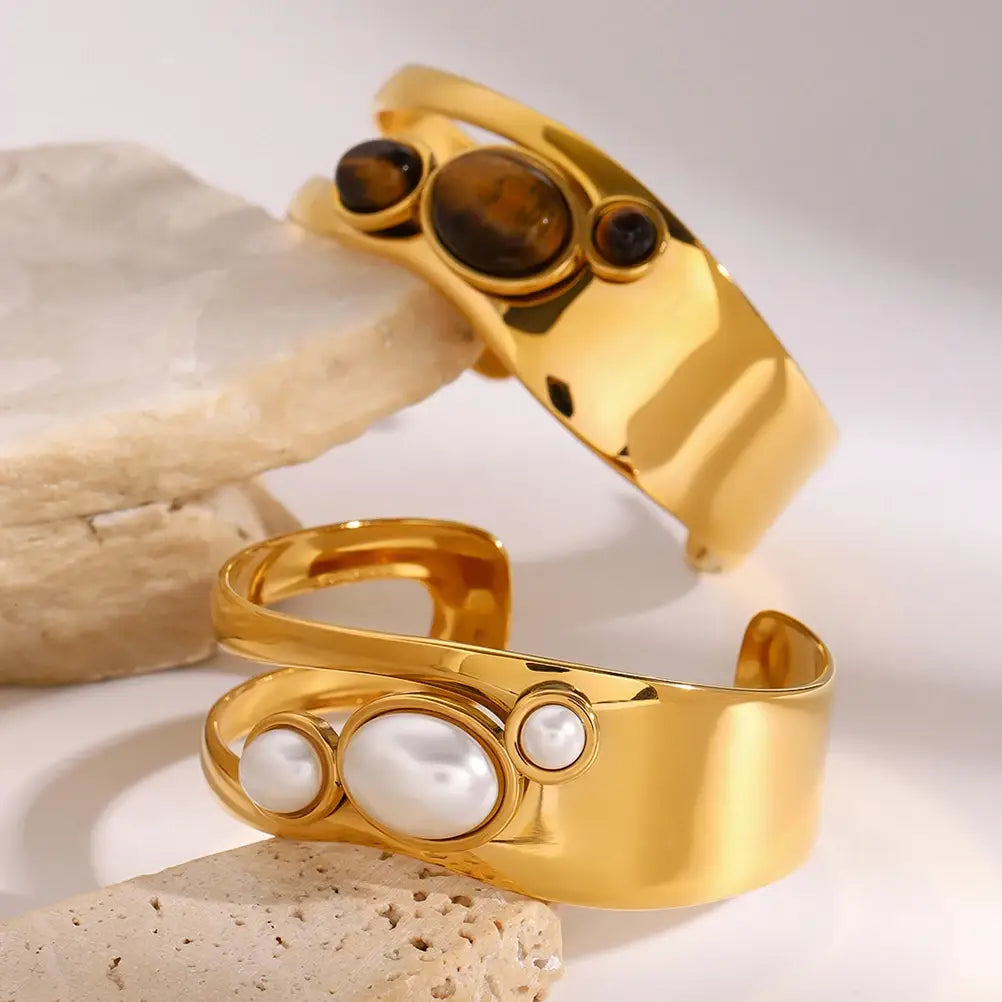 Thick Irregular Pearl Bracelet Tiger Eye Stone Stacked