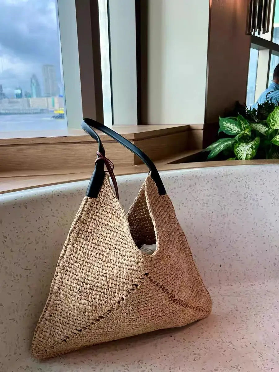 Women Casual Travel Handbag PU Leather Simple Straw Bag