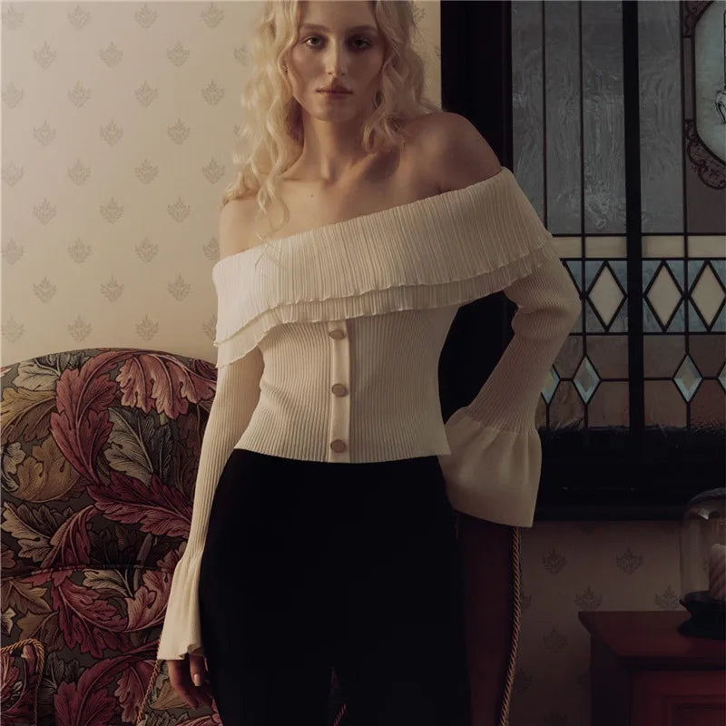 Knit Ruffles Pullover Sweater Flare Sleeve Patchwork Off-Shoulder Women’s Knitwear