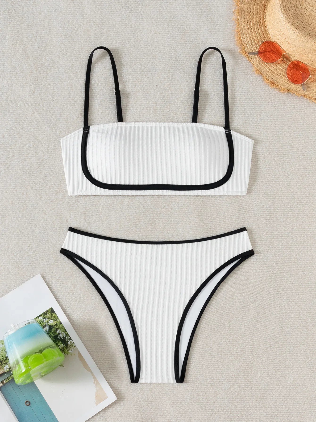 High-Rise Bottoms Bikini Set Trendy Beachwear Straight Neckline High Rise Swimwear - Norellé