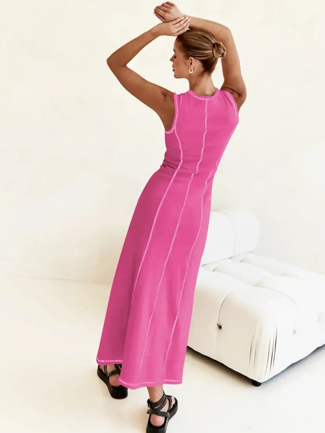 Women Clothing Knitted Long Skirt Simple Round Neck Sleeveless Female Vestidos