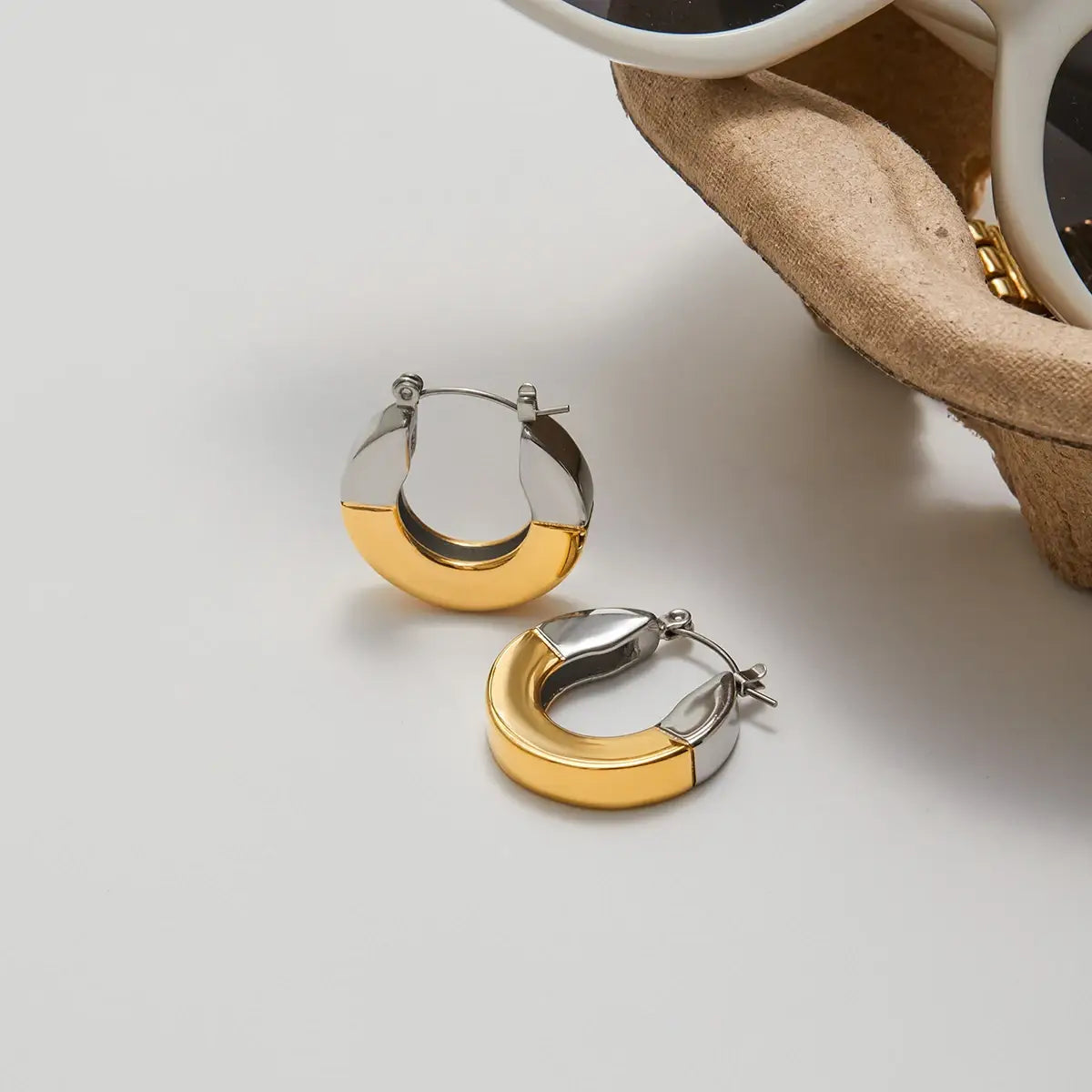 Gold Color Plated Stainless Steel Two tone Geometric Smooth Earrings