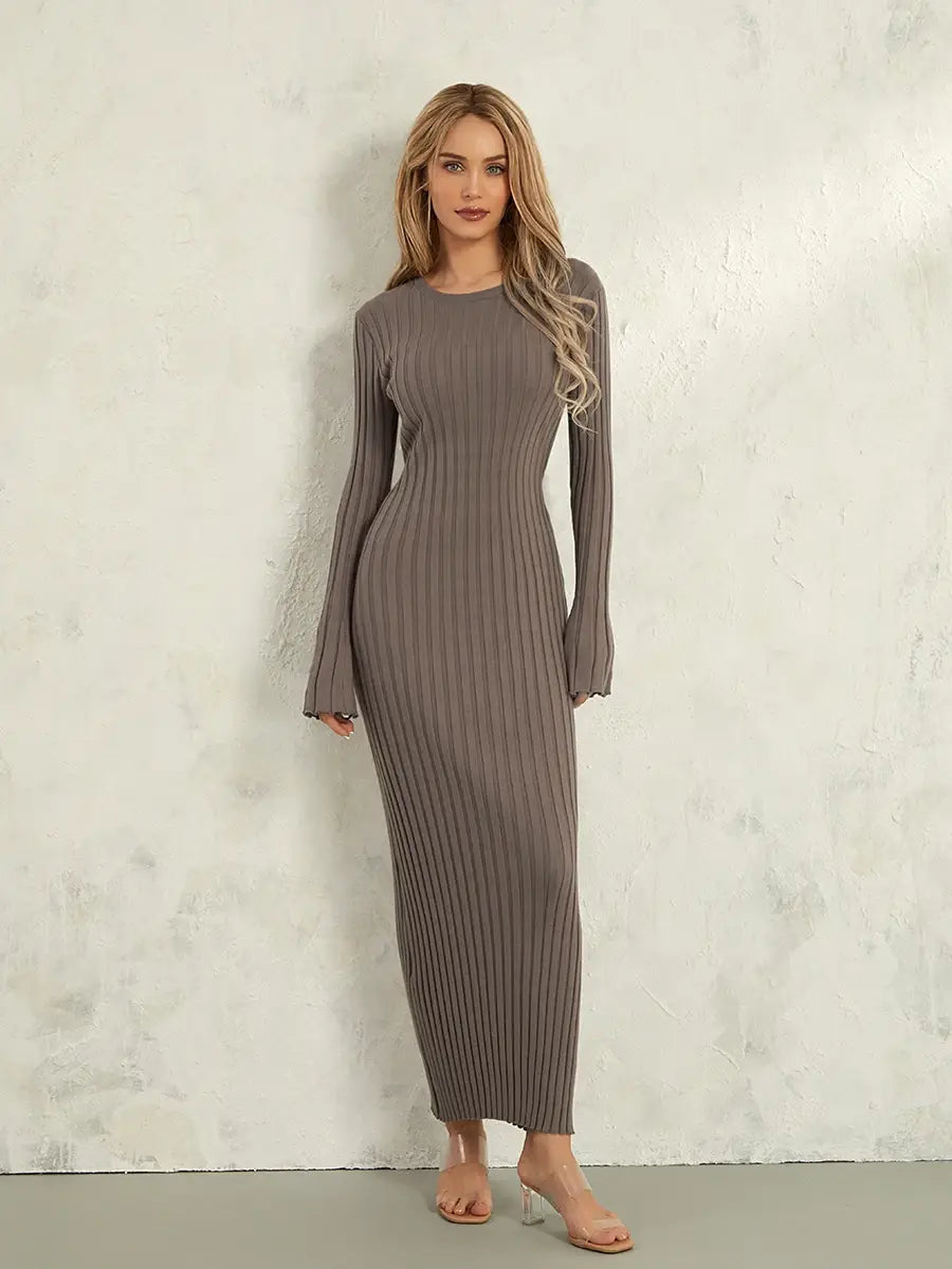 Women Lace-up Knit Dress Elegant Long Sleeve