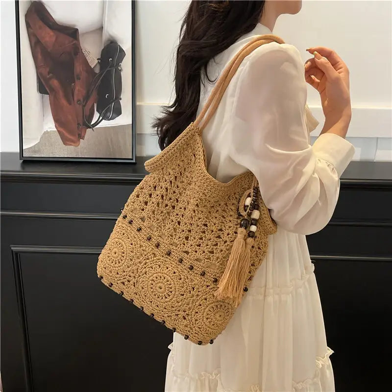 Weave Handbag Large Capacity Shoulder Bag Hollow out Tote