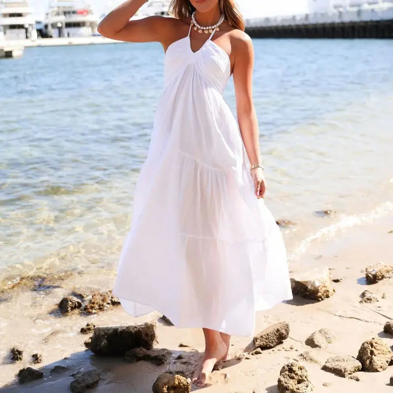 Women Summer Lace-up Halter Neck Casual Ruffle A-line Long Dress - Norellé