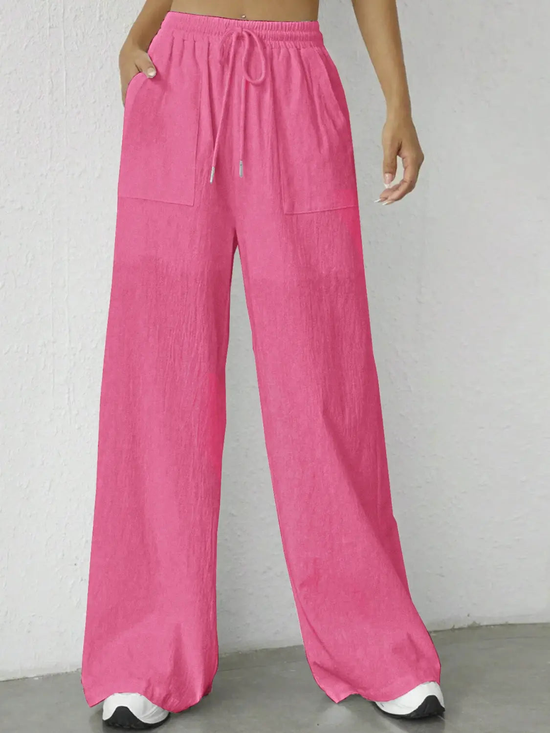 Solid Drawstring Wide Leg Pants