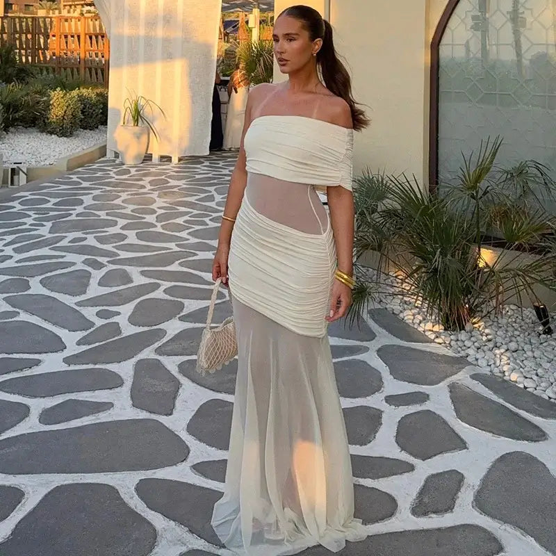 One Shoulder Mesh Maxi Dress Women Off-shoulder Strapless Sleeveless Backless
