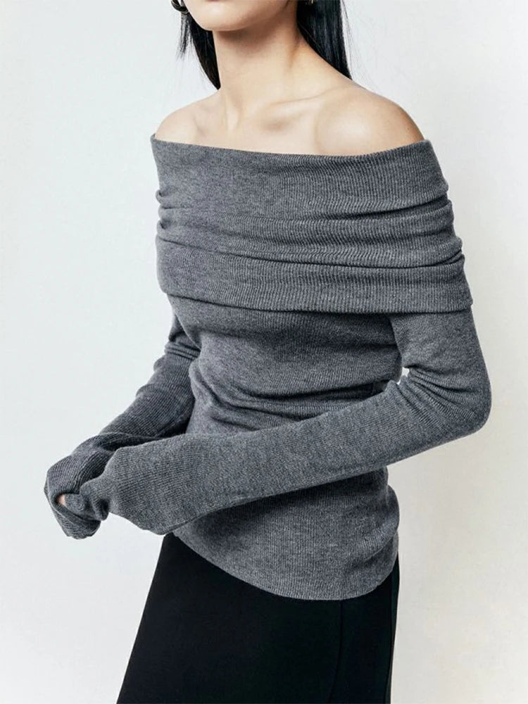 Slash Neck Sweater Women Tops Knitted Slim Basic - Norellé