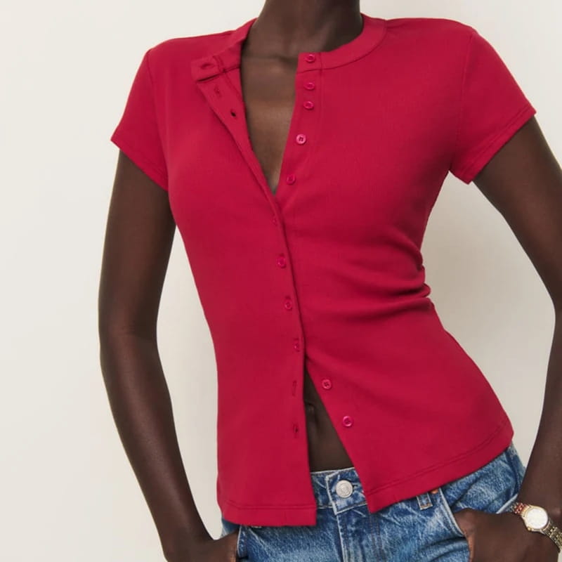 Women Solid Color Rib Knitted T-shirt