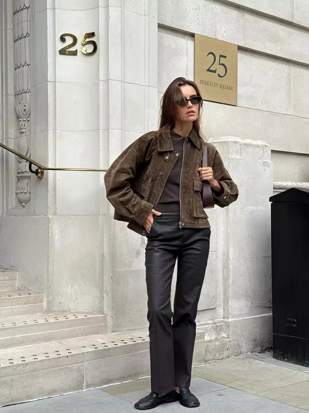 Women Front Patch Pockets Faux Leather Bomber Jacket