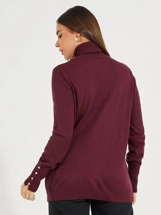 Women’s Cropped Basic Turtleneck Sweater Long Sleeves with Buttons