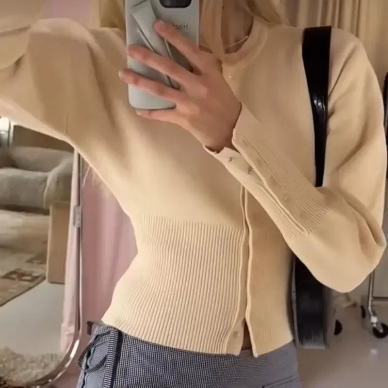 Women's High Waist Round Neck Single Breasted Cardigan