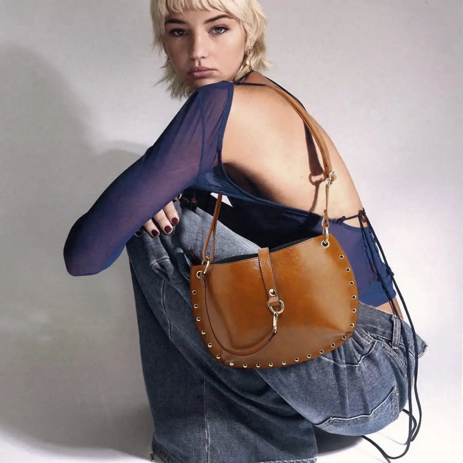 Women’s Studded Crescent Saddle Bag