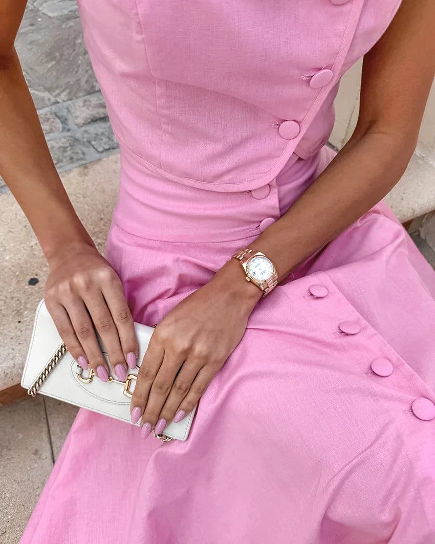 Pink Long Skirt Two Piece Elegant Shirt Button Top Loose A-Line Set