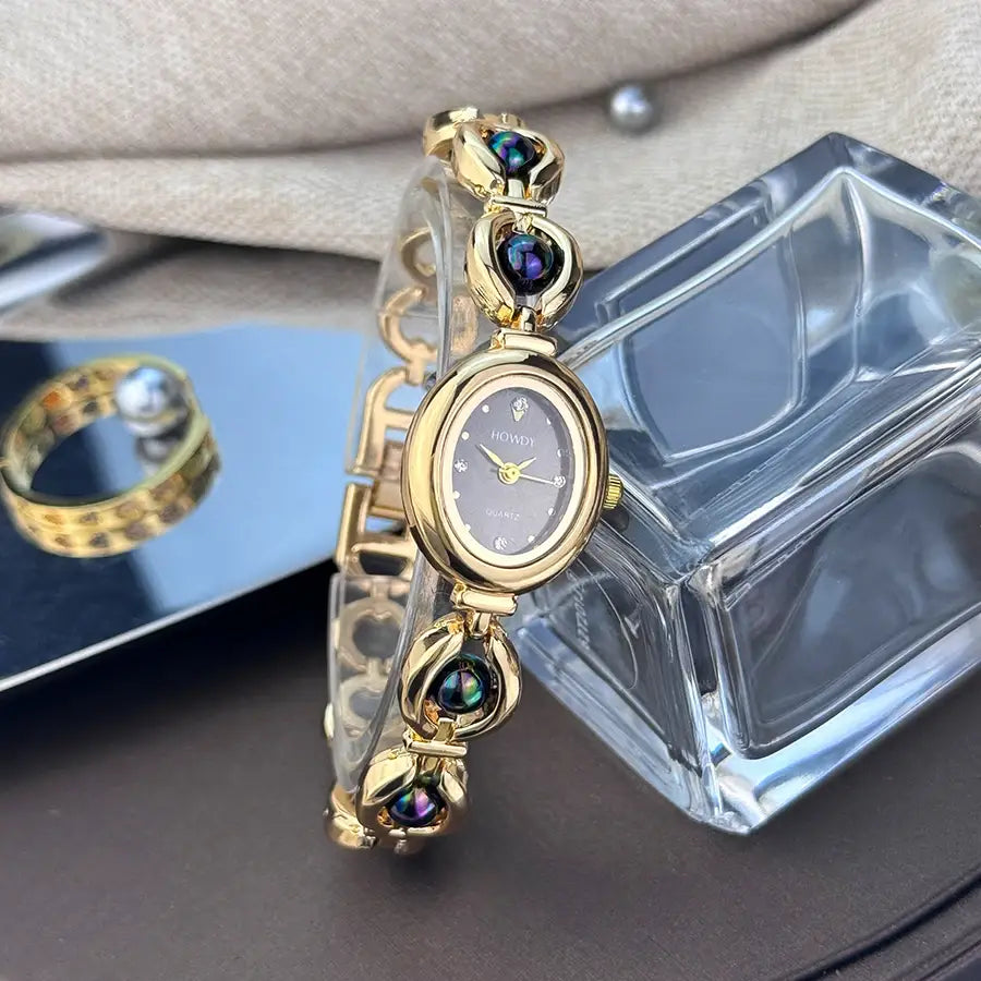Ladies’ Oval Sun Print Rhinestone Dial Elegant Lady Quartz Watch
