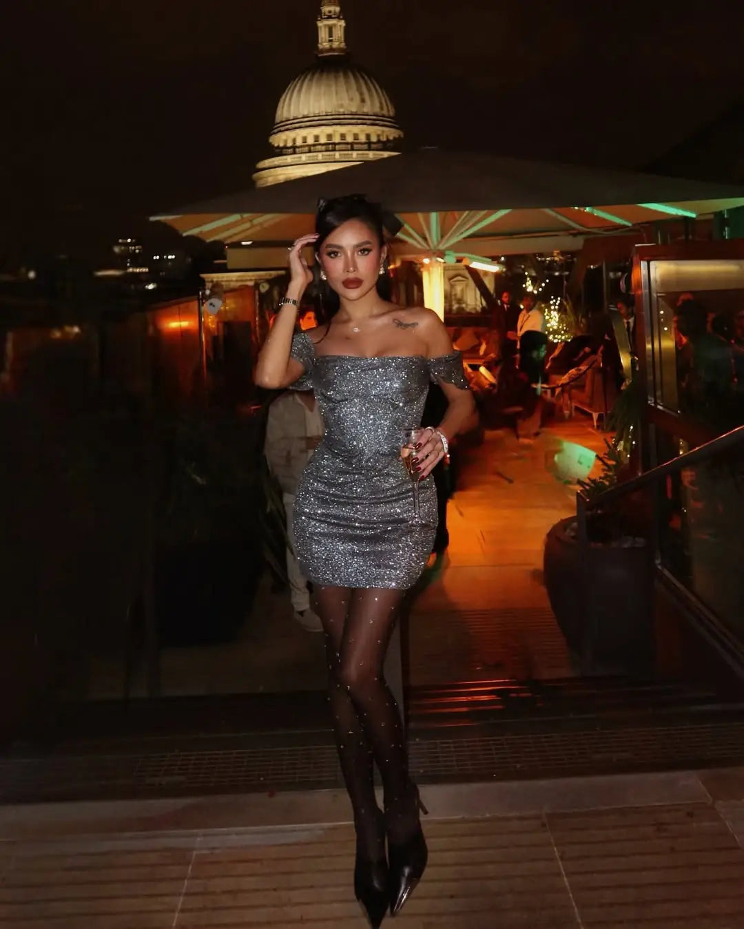 Black Shiny Polka Dot Glitter Tights Women