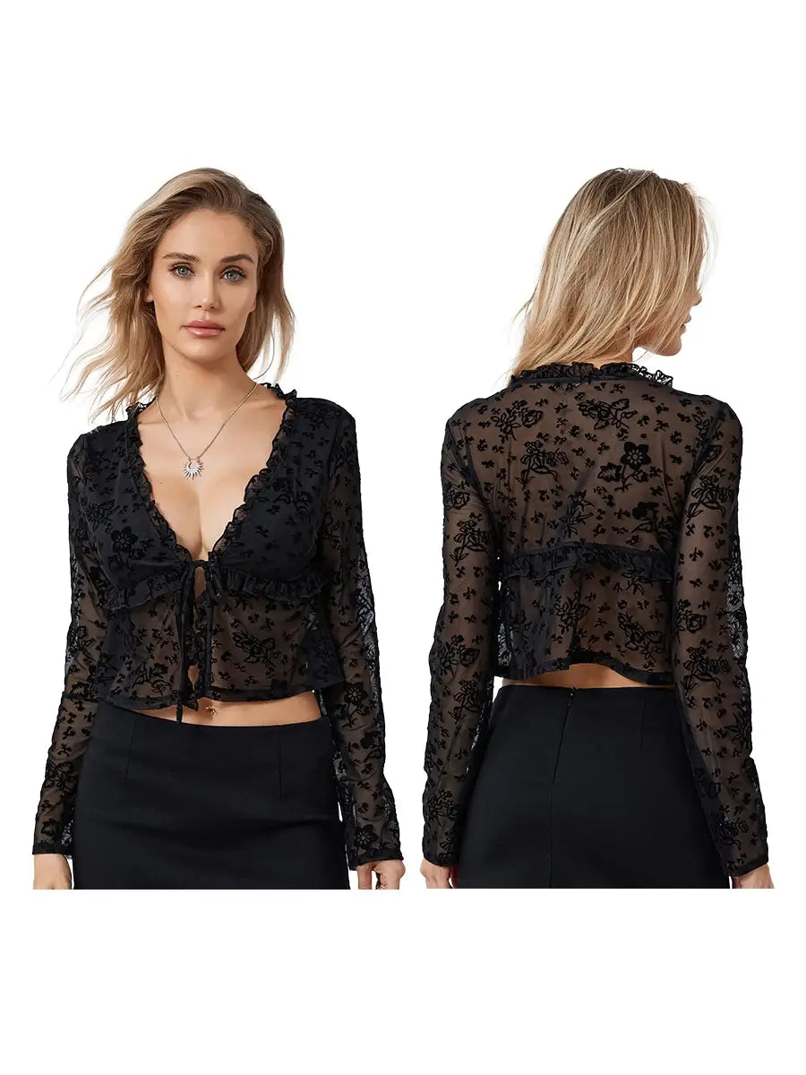 Shirt For Women Elegant Long Sleeve Tie-Up Lace Top