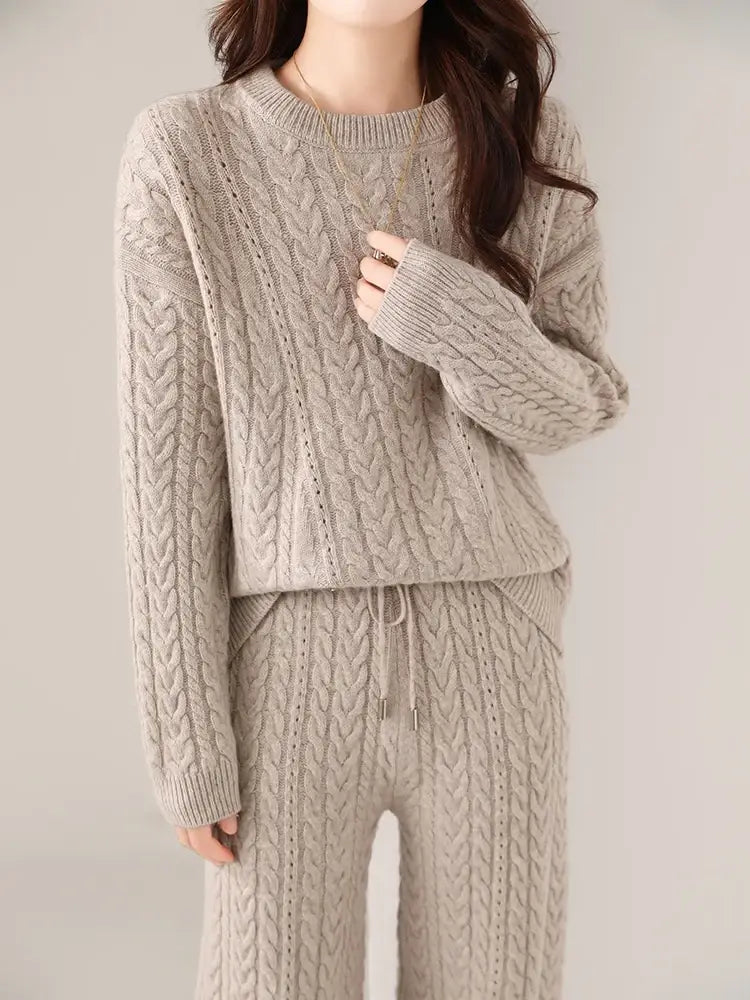 100% Wool Suit Women’s Pullover Sweater Knitting O-neck Wide Leg Pant