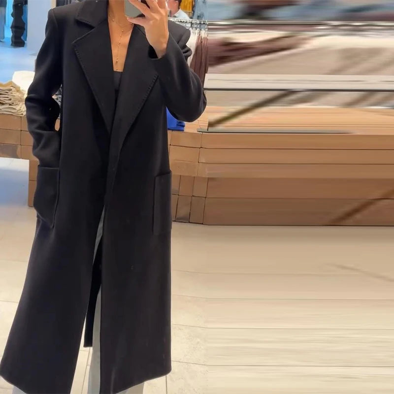 Women’s Overcoat Turn-down Collar Full Sleeve Belt Lace Up Black Long