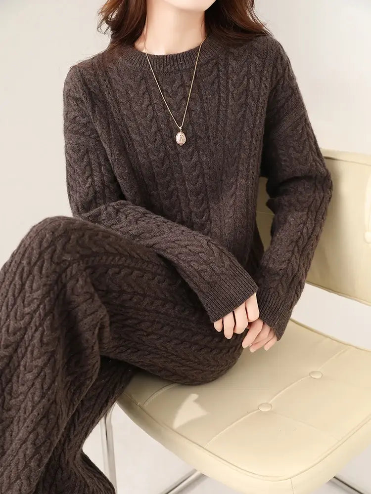 100% Wool Suit Women’s Pullover Sweater Knitting O-neck Wide Leg Pant