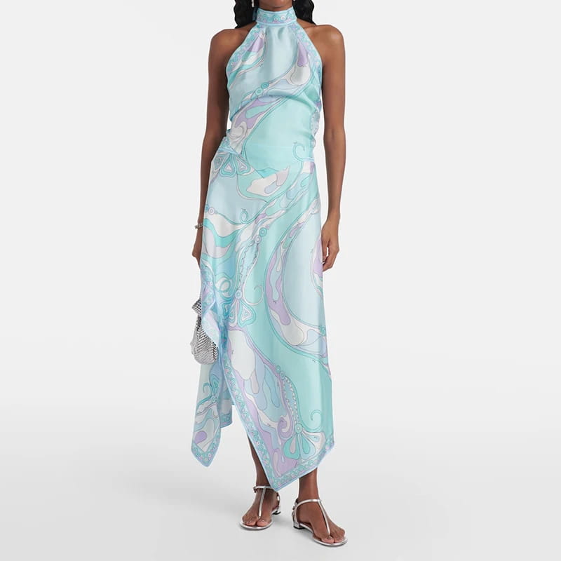 Vintage Lace Up Backless Halter Tops&Irregular Half Skirt 2 Piece