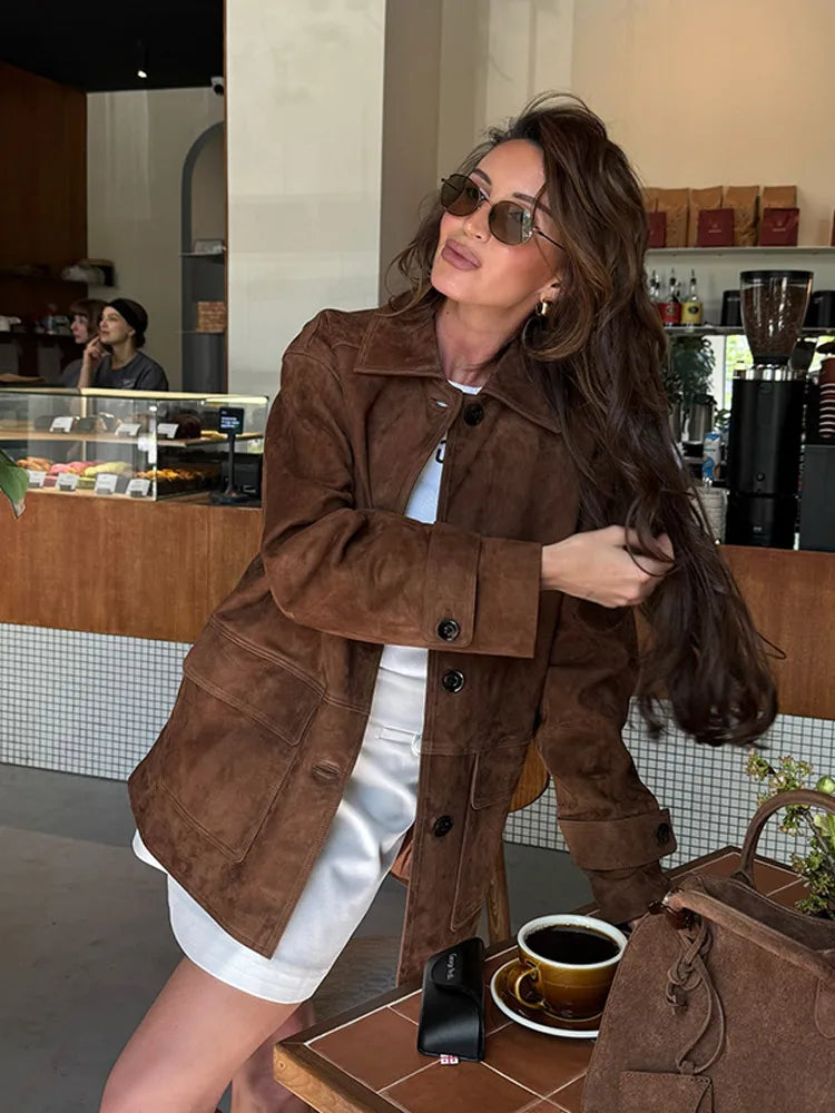 Women Dark Brown Suede Coat
