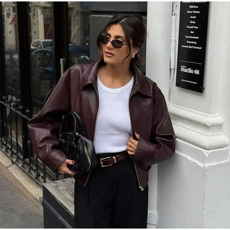 Retro Wine Red Pu Leather Short Jacket Women