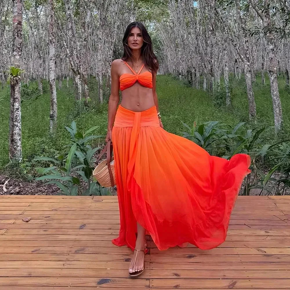 Gradient 3 Piece Bikini  Women Swimsuit Swimwear Female Skirt Bikini Set - Norellé