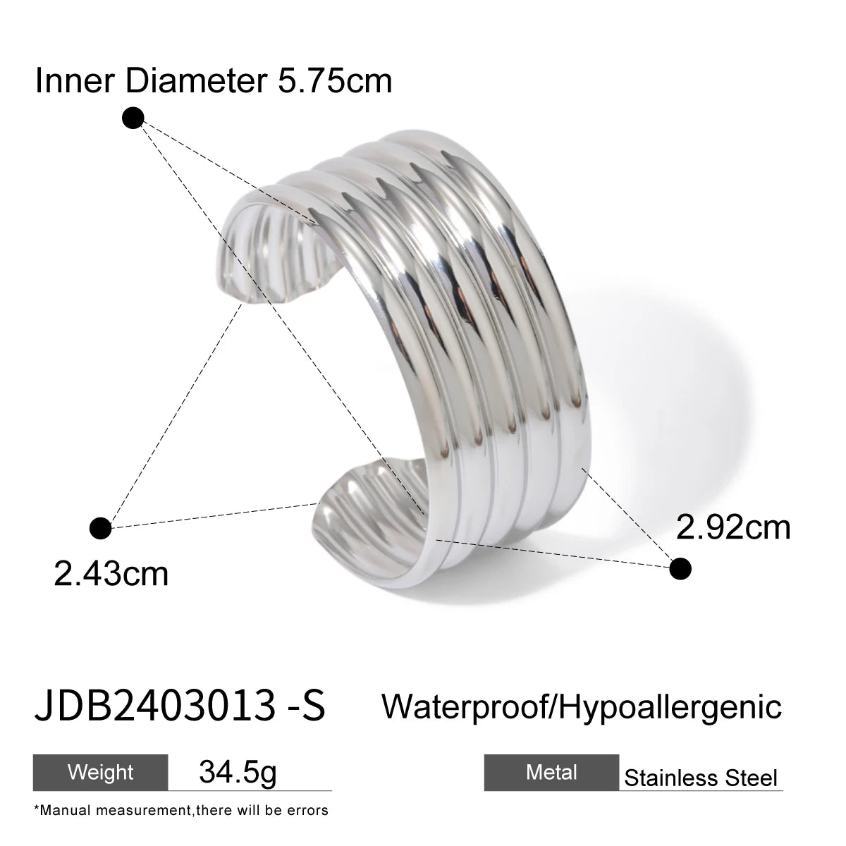 Stainless Steel Metal Ribbed Bangle Waterproof