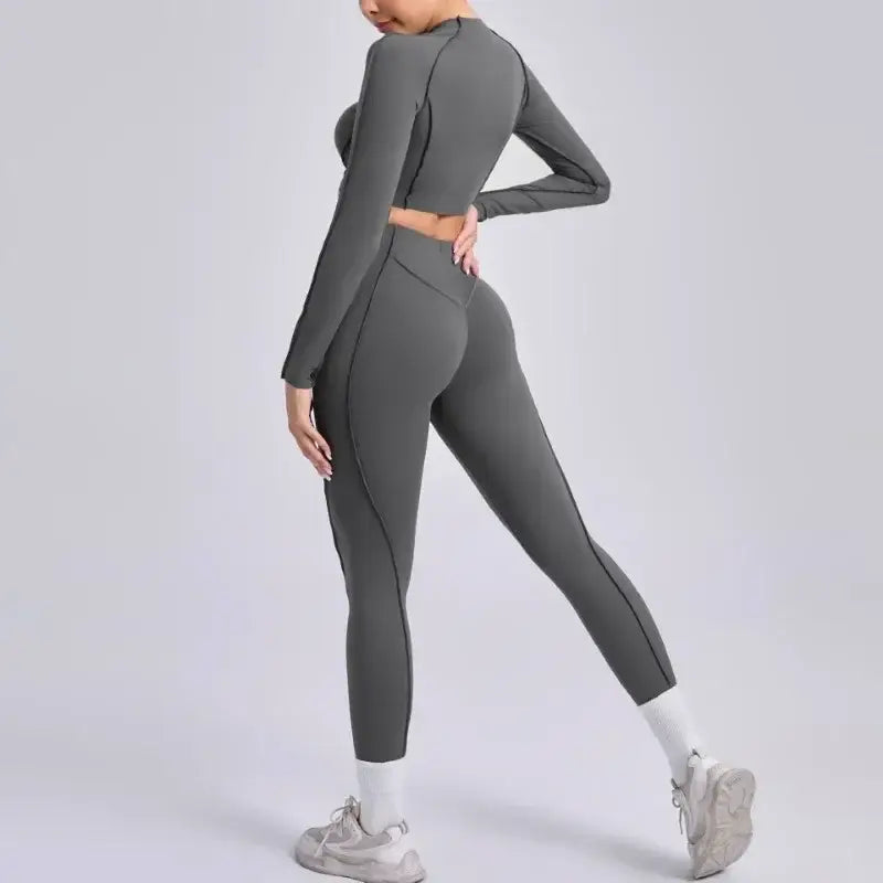 Seamless Sets Sports Fitness Hip-lifting High Waist Pleated Pants Long-sleeved Suits Workout