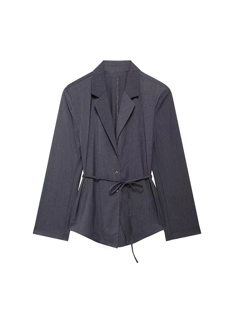 Women Fashion With Belt Striped Single Breasted Blazer Vintage