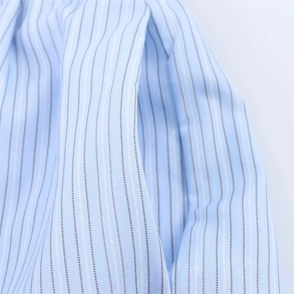 Women’s Lace Detail Striped Short Shirt Fluffy Mid Waist Skirt Pants Set