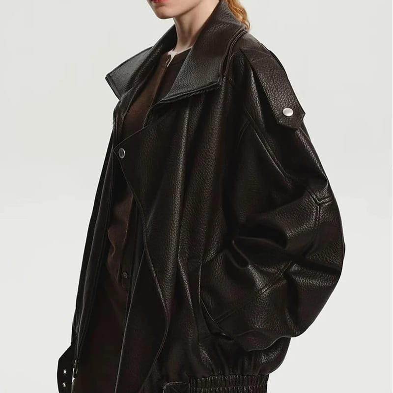 Retro PU Leather Stand Collar Jacket Women