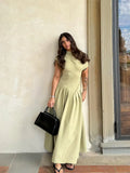 Women Elegant Green Pleated Dress O Neck Short Sleeve Patchwork Long Dress - Norellé
