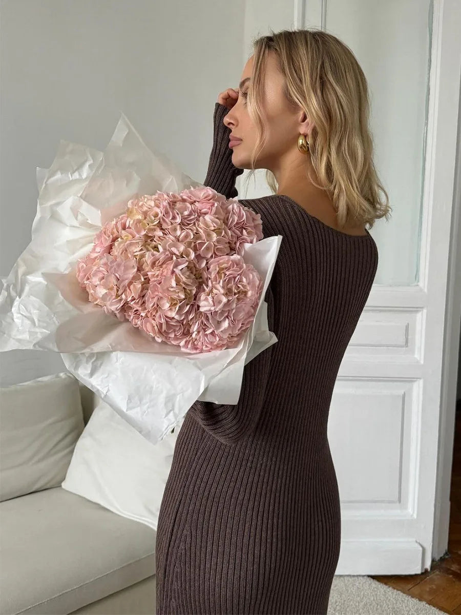 Women’s Long Sleeve V-neck Slim Bodycon Knitted Maxi Dress