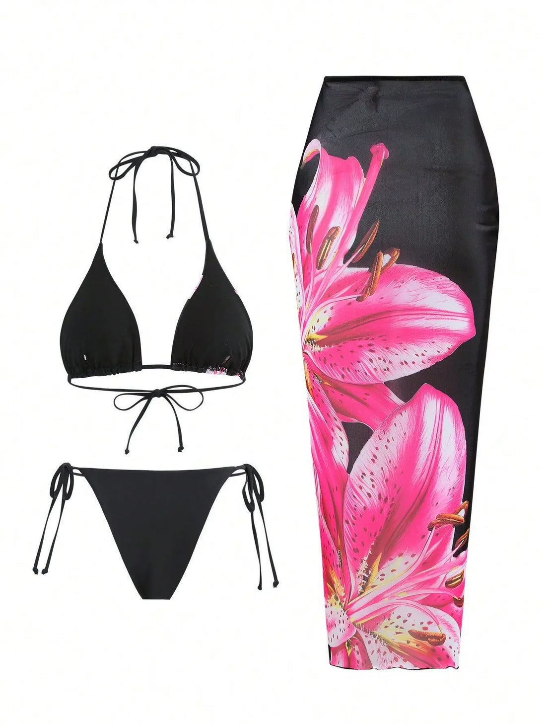 Flower Print Bikini Set Women's High Waist Long Skirt 3 Piece Swimsuit - Norellé