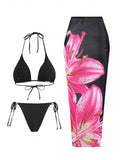 Flower Print Bikini Set Women's High Waist Long Skirt 3 Piece Swimsuit - Norellé