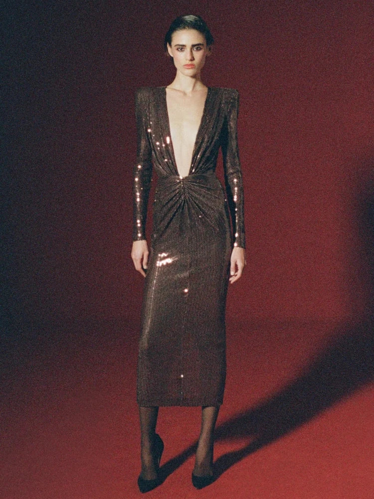 Deep V Neck Long Sleeve Sequins Long Dress Women - Norellé
